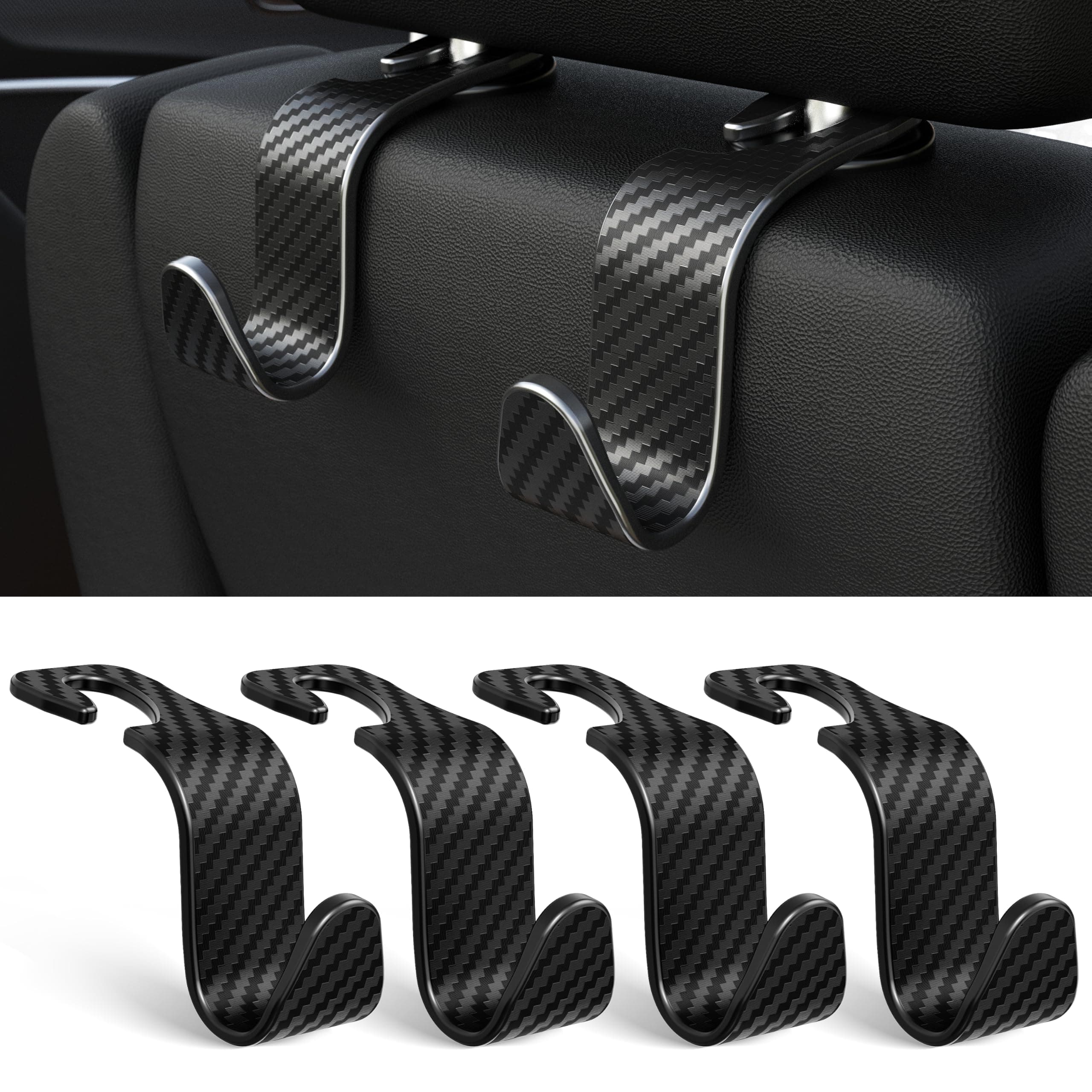 Amooca 4-Pack Car Headrest Hooks Vehicle Storage Organizer for Purses Handbags Groceries Coats –Holds 55lbs 360° Rotating Simple Design Black Checkered