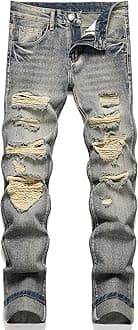 OIIIO Men's Ripped Slim Fit Straight Leg Jean Denim Pant