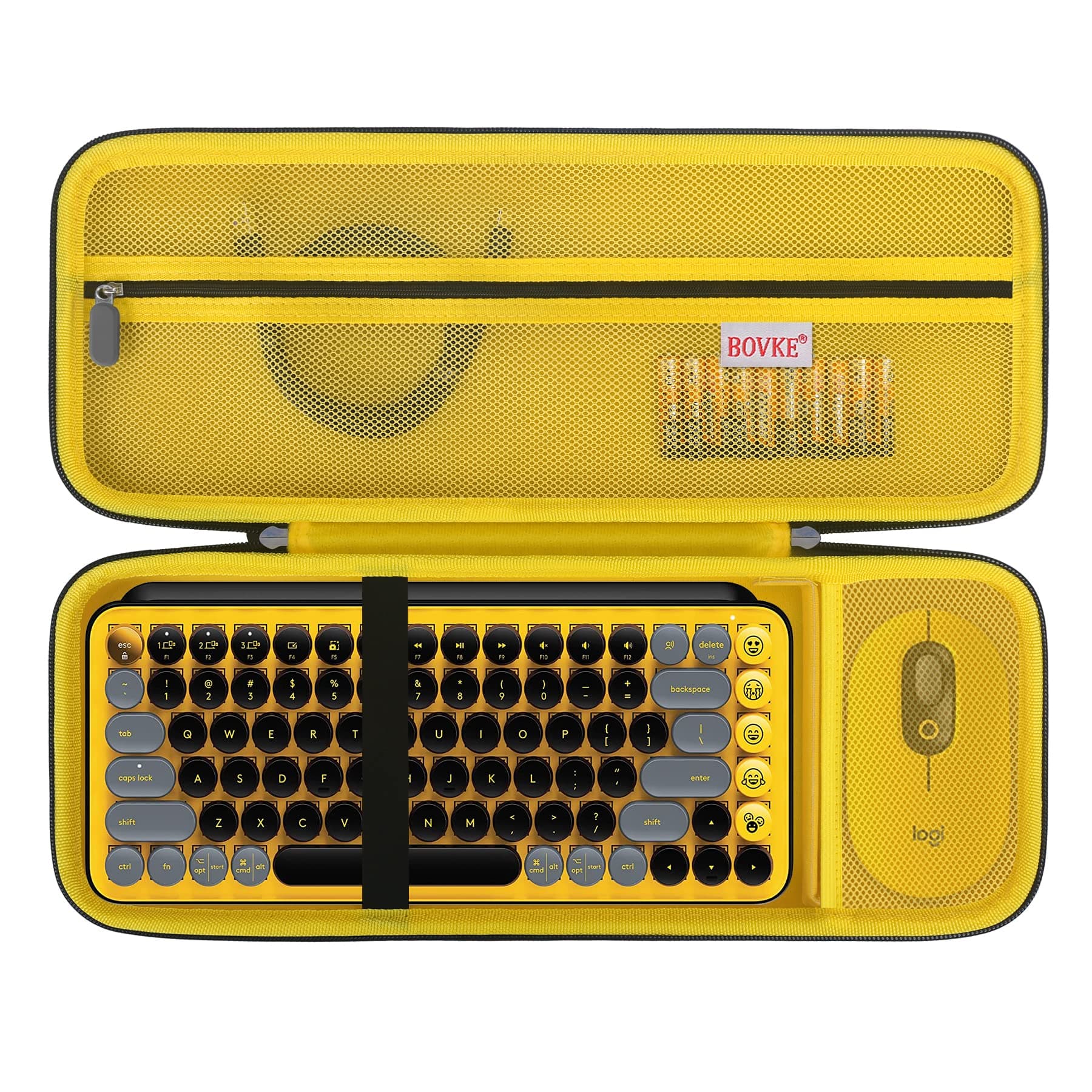 Hard Carrying Case Compatible with Logitech POP Keys Mechanical Wireless Keyboard and POP Wireless Mouse Combo, Mesh Zipper Bag for Cables, Batteries, Emoji Keys, Black+Blast Yellow (Case Only)