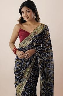 SIRIL Women's Georgette Bandhani Printed and Embroidery Saree with Unstitched Blouse Piece