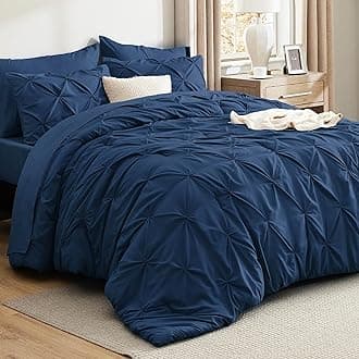 Bedsure Queen Comforter Set Navy - Bed in a Bag Queen Size 7 Pieces, GentleSoft™ Pintuck Bed Set Gift for Family, Pinch Pleat Navy Comforter with Sheets, Pillowcases & Shams