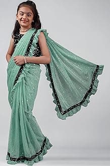 Kids Girls Lycra Blend Saree With Unstitched Sequence Blouse Piece (3-4 yrs to 11-12 yrs) (Sky Blue, 10-11 Years - XL)