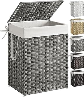 SONGMICS Handwoven Laundry Basket, 90L Synthetic Rattan Wicker Clothes Hamper with Lid and Handles, Foldable, Removable Liner Bag, Stable Iron Frame, Gray ULCB51WG