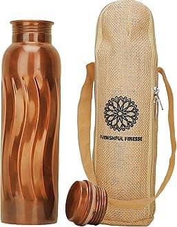 Pure Copper Bottle 34 Oz Copper Water Bottle with Carry Bag, 1000 ml Aurvedic vessel Leak Proof for Hiking Outdoor Gym Office Sports - Set of 1, Antique Finish