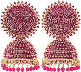 Women's Jewellery Earrings For Women Traditional Gold Plated Floral Golden Pink Jhumkas Pearl Studded Drop Earrings For Women Gift For Sister