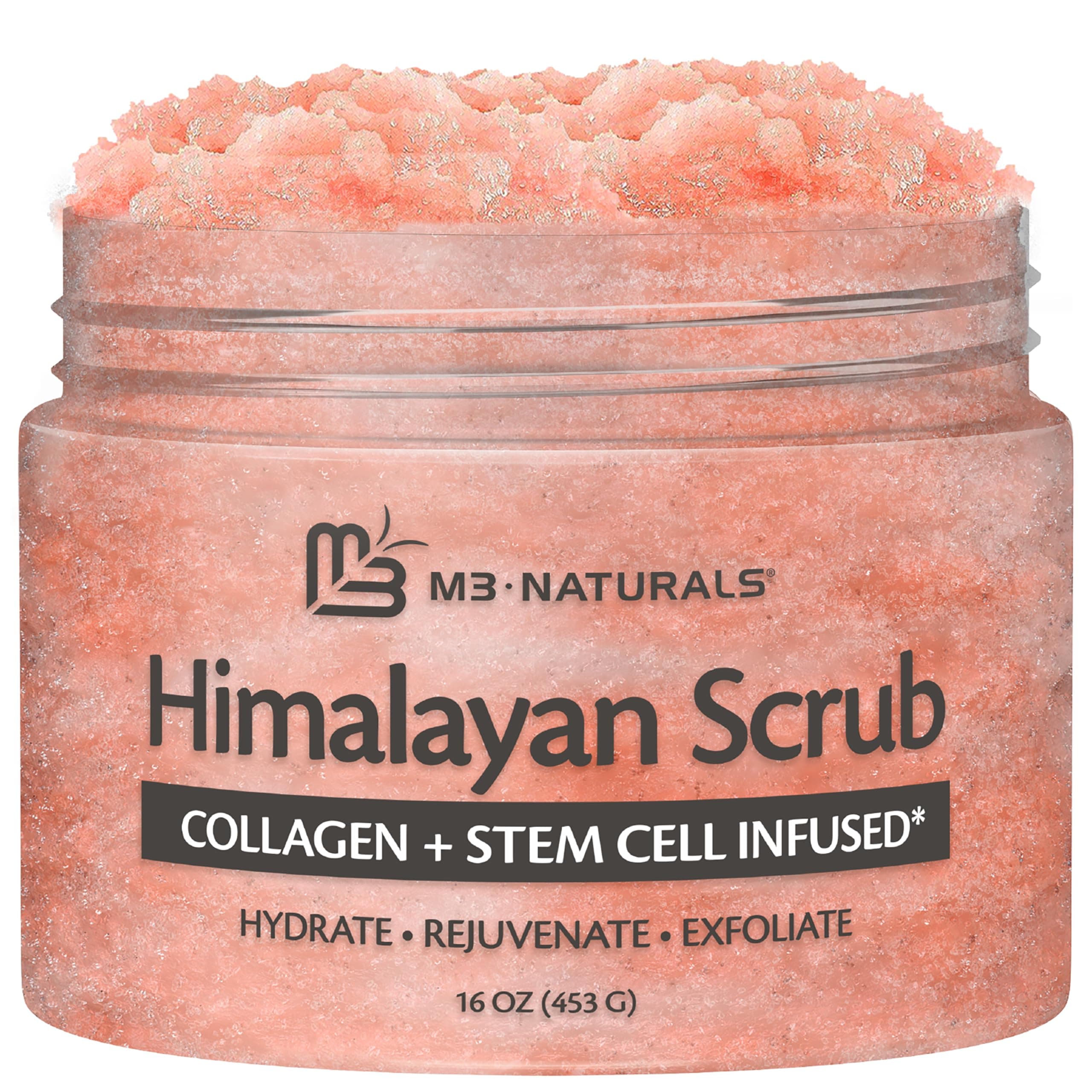 M3 Naturals Himalayan Salt Infused with Collagen & Stem Cell All Natural Body & Face Scrub with Lychee Sweet Almond Oil Skin Care Exfoliating Blackheads Acne Scars Reduces Wrinkles 12 OZ