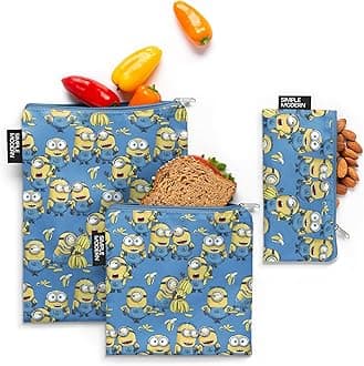 Minions Despicable Me Reusable Snack Bags for Kids, Girls, Boys | Food Safe, BPA & Phthalate Free Zip Polyester Pouch | Washable Sandwich Bag | Ellie Collection | 3 pack | Minions Unite