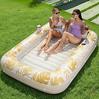 SLOOSH Inflatable Tanning Pool Lounger Float, 85" x 57" Extra Large Pool Floats Adult with Pillow, 4 in 1 Suntan Tub Raft Floatie,Sunbathing Bed Lounge for Water Blow Up Ball Pit, XL-Golden White