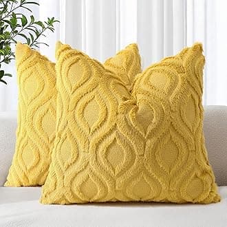 decorUhome Set of 2 Faux Fur Cushion Covers 65x65 cm, Decorative Soft Plush Fluffy Velvet Cushion Cover 26X26 Inch, Square Boho Neutral Pillow case for Sofa, Mustard Yellow