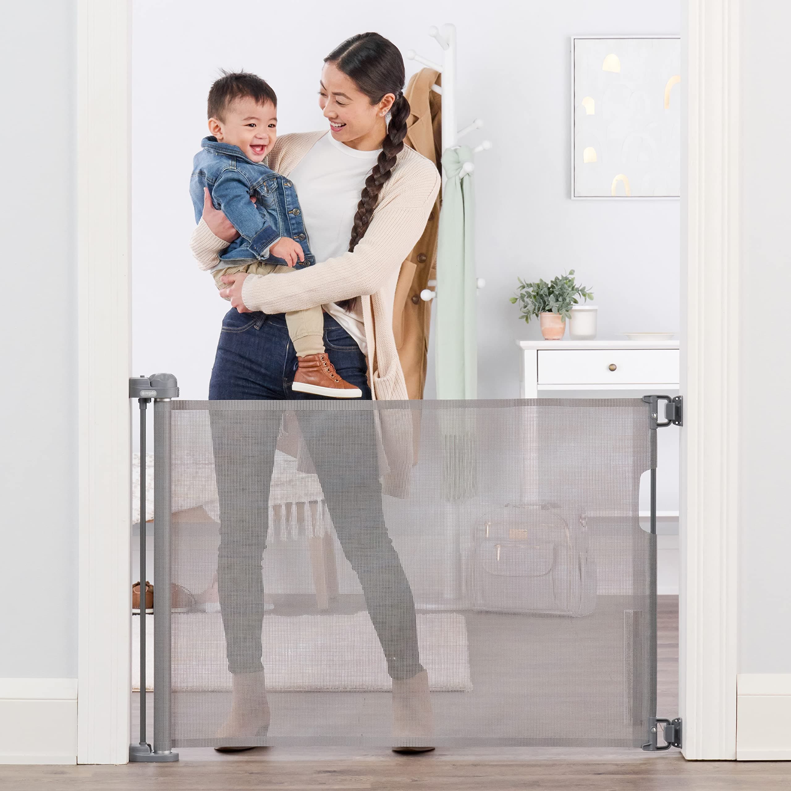 Regalo Safety 50" Extra Wide Retractable Baby Gate, Mesh Safety Gate for Doorways, Hallways & Bottom of Stairs, Hardware Mounted Gate for Babies, Toddlers & Pets, Lock Indicator Window, Gray