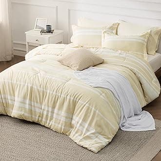 Bedsure Queen Comforter Set 7 Pieces, Beige Striped Bedding Set for All Seasons, Reversible, Cationic Dyeing Bed in a Bag with Comforter, Sheets, Pillowcases & Shams