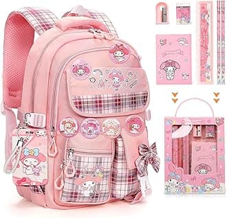 Cartoon Backpack for Girls - Cute Anime Backpack for Girls Kids Teens Womens School Backpack, Anti-Theft Outdoor Travel Laptop Bookbags with 14Pcs Accessories, School Bags - Pink