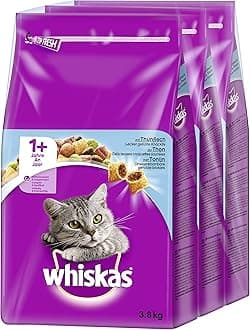 whiskas 1+ Dry Cat Food for Adult Cats with Tuna, 3 Bags (3 x 3.8 kg)