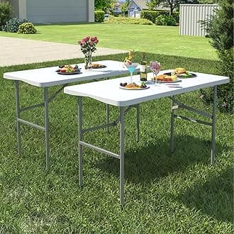2 Pack Foldable Table 4ft, Plastic Folding Table, Portable Heavy Duty Dining Tables with Lock Function & Carrying Handle, Outdoor Indoor Foldable White Tables for Camping Party Picnic, White