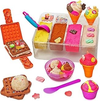 Sensory bin - 29 pcs Ice Cream Toy Shop Play Sand Kit with 9 Ice Cream Sand Toys, 1.7 LB Moon Sand for Kids, Sandbox with A Lid - Pretend Play Sensory Toys for Girls and Boys Age 3-5 and Up