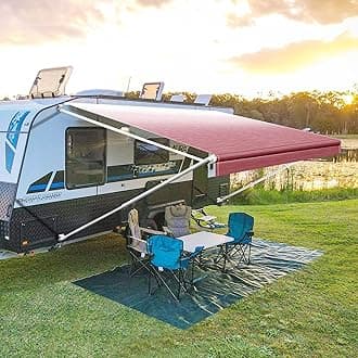 YESCAMP Manual RV Awning Complete Kit Retractable Camper Awning for RV or Trailers RV Roll Out Awning for Camper or 5th Wheel,Travel Trailers,Toy Haulers,Motohome(10Ft,White Frame,Burgundy Fade