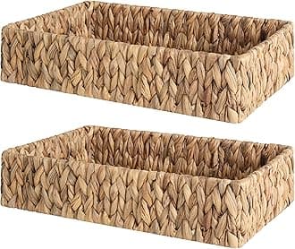Large Water Hyacinth Tray for Bathroom, Wicker Storage Basket for Shelves, Handwoven Natural Hyacinth Baskets for Organizing, 2-Pack