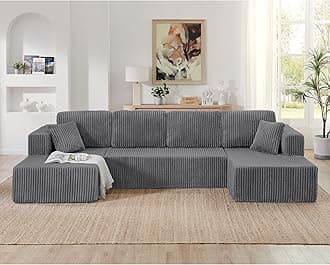HYJT-H&K Modular Sectional Sofa Cloud Secttional Couch, 132" Comfy U Shaped Couches for Living Room, Deep Seat Memory Foam Fluffy Plush Corduroy Boneless Couch Sectionals with Chaise, Grey