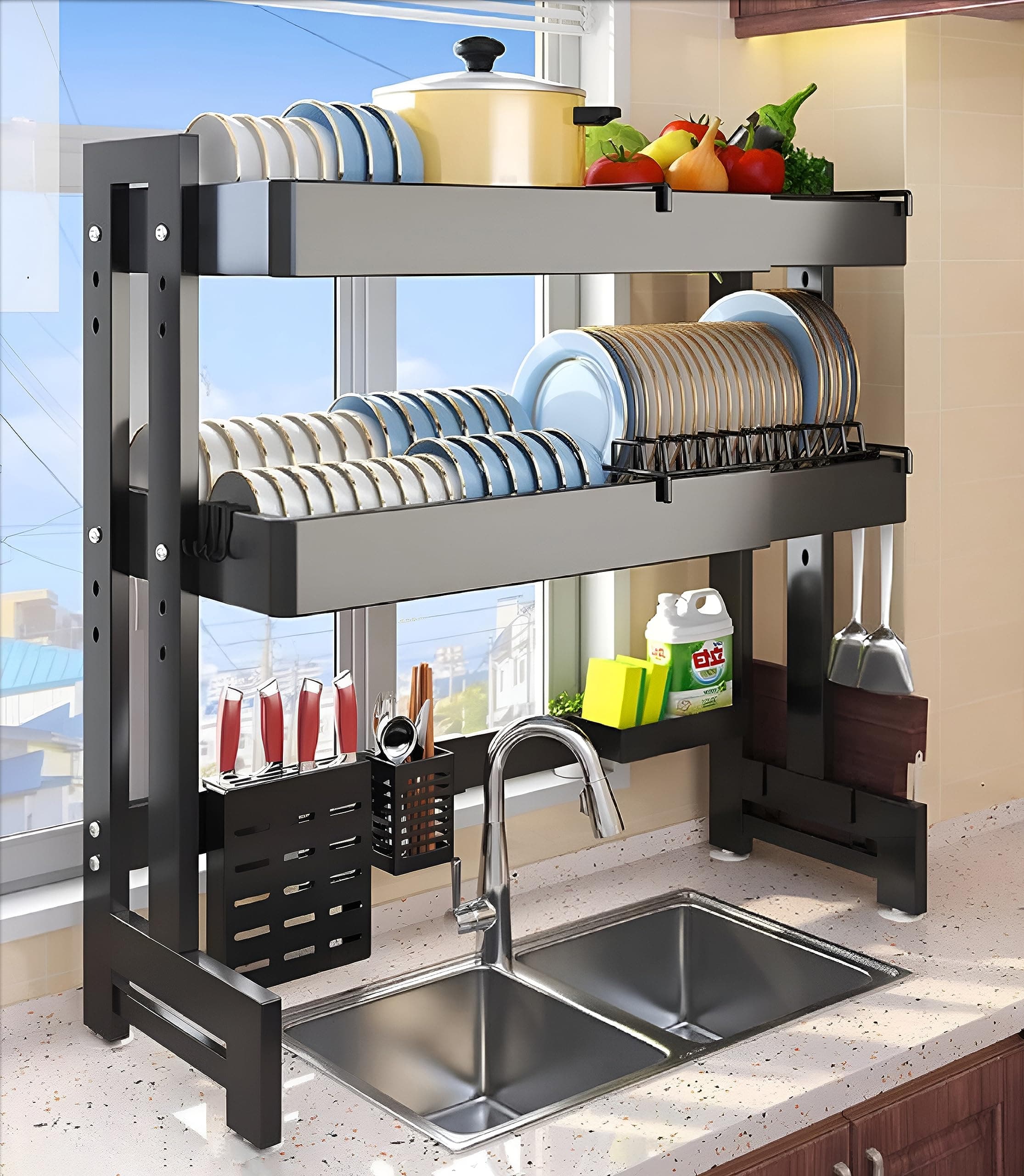 Toshionics Adjustable Length Double Layer Tier Over The Sink Dish Drying Stand Drainer Organizer Storage Rack Kitchen Countertop Cutlery Organizer Utensil Drain Bracket Shelf Retractable
