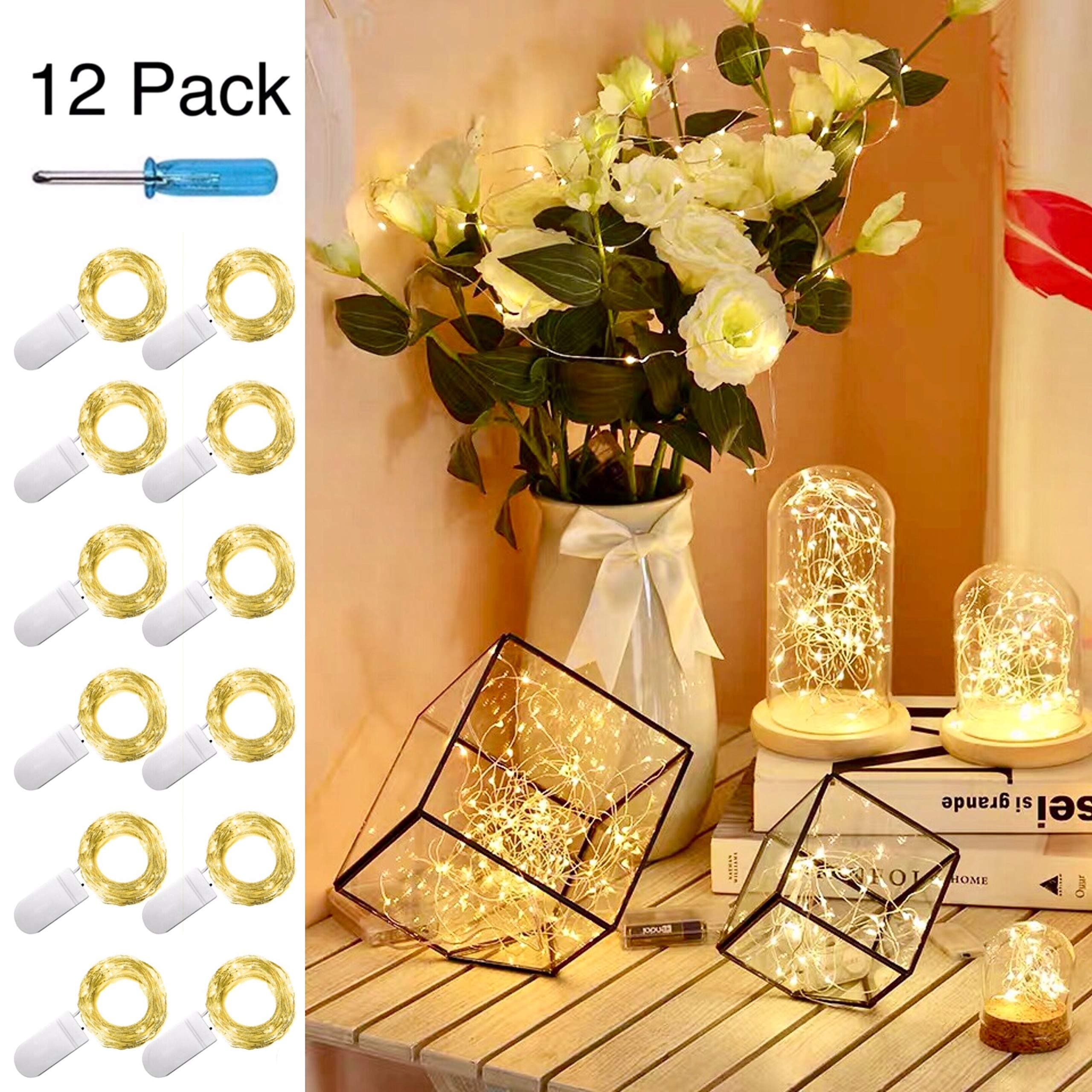 SunKite 12 Pack LED String Lights Battery Powered(Included),20 LED Starry Fairy Lights,6.6FT/2M Silver Wire,LED Firefly Lights for DIY Wedding Centerpiece,Christmas,Table,Party Decoration(Warm White)