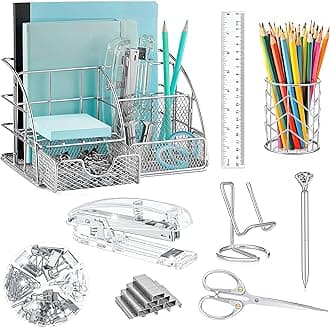 Sponsored Ad - Silver Desk Organizers and Accessories Office Supplies Set Stapler, Pen Holder, Phone Holder, Scissors, Pen, Ruler, 30 Paper Clips, 22 Binder Clip, 20 Tacks and 1000pcs Staples