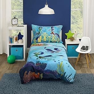 DisneyLuca Sea Monsters are Real Ocean Blue, Aqua, Orange and Green 4 Piece Toddler Bed Set - Comforter, Fitted Bottom Sheet, Flat Top Sheet, and Reversible Pillowcase