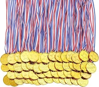 flintronic Gold Winner Medals, 52Pcs Kids Gold Plastic Winner Medals, Medals for Children, with Neck Ribbons, Party Favours for Kids for School Sport Day Party Game (52Pcs)