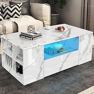 High Gloss Coffee Table with Storage, Coffee Tables Wooden Centre Tea Table with Led RGB Lights 2 Drawer Storage and Open Shelf Rectangle Coffee End Table For Home Office Furniture, White Marble
