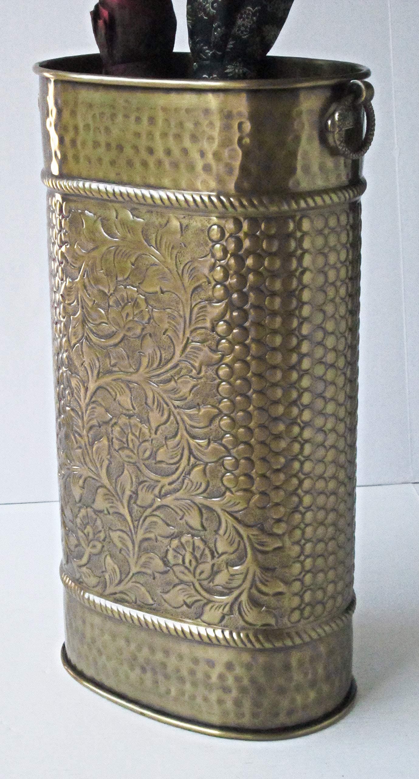 Solid Brass Umbrella Stand Oval Embossed 20.5H x 7.25 x 10.75