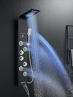 MENATT Shower Tower System with Hydroelectricity LED Lights and Display, 5 in 1 Shower Tower with Rainfall & Waterfall Shower Head, Massage Jets, Tub Spout, Handheld Shower (Black)