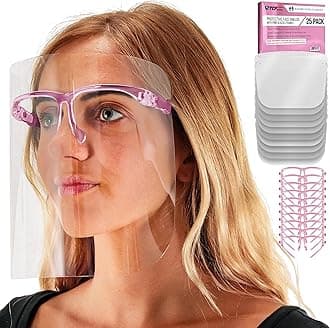 Salon World Safety Face Shields with Pink Glasses Frames (Pack of 25) - Ultra Clear Protective Full Face Shields to Protect Eyes, Nose, Mouth - Anti-Fog PET Plastic, Goggles