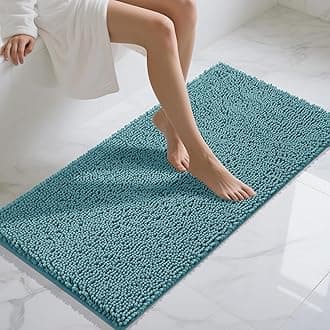 Yimobra Long Chenille Bathroom Rug 47"x24" - Extra Soft Non Slip Bath Mat - Super Absorbent Quick Dry Plush Shaggy Floor Carpet for Tub & Shower - Machine Washable, Teal Blue