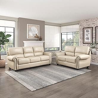 Lexicon Leather Match Sofa Set, Top Grain Leather Match Living Room Furniture Sets, Include Sofa Couch and Loveseat, 2-Piece Set, Cream
