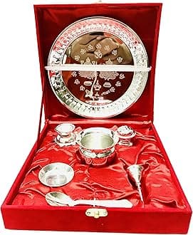 Silver Pooja thali Set bhog diwali Puja Set for Navratri/Navaratri Pooja Wedding Diwali Aarti karwa chauth Red Velvet Box - 8.5 inch