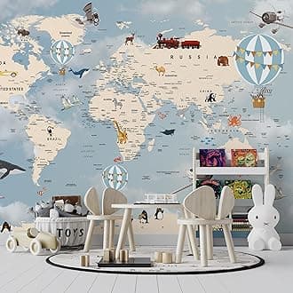 Muravie World Map for Nursery Room Wallpaper- Educational Map- Balloons Flying Map- Nursery Room Decor- Stickers- Gifts for Her- New Year Gift (World Map Wallpaper)
