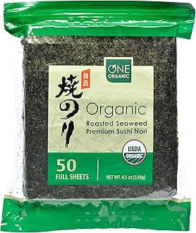 ONE ORGANIC Sushi Nori Premium Roasted Organic Seaweed (50 Full Sheets)