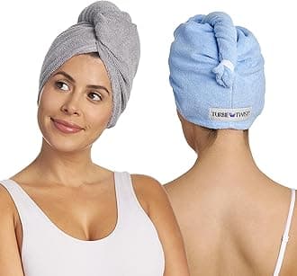 Microfiber Hair Towel Wrap for Women and Men | 2 Pack | Bathroom Essential Accessories | Quick Dry Hair Turban for Drying Curly, Long & Thick Hair (Grey, Blue)