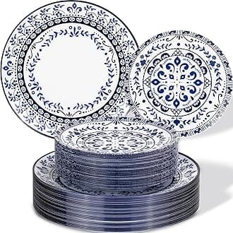 Hioasis 60pcs Blue Plastic Plates Set - Floral Blue & White Porcelain Design, 10.25" Dinner & 7.5" Dessert Plates Disposable for Wedding (Dishwasher Safe, Traditional Style)
