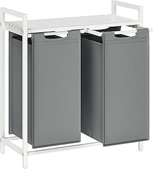 VASAGLE Laundry Hamper, Laundry Basket, Laundry Sorter with 2 Pull-Out and Removable Bags, Shelf, Metal Frame, 2 x 12.1 Gallons (46 L), 28.8 x 13 x 28.4 Inches, Slate Gray and Cloud White UBLH201W11