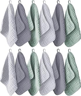 Ease Cubs12 Pack Muslin Baby Washcloths - 12"x12", Grey, Green and Slate