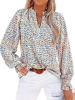 - Womens V Neck Floral Long Sleeve Tops 2026 Summer Casual Loose Puff Sleeve Chiffon Boho Work Blouse Dressy T Shirts