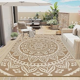 Bsmathom Waterproof Outdoor Rug 6'x9' Reversible Boho Plastic Straw Patio Deck Camping Rugs, Indoor Outdoor Portable RV Mat Clearance Carpet for Outside, Porch, Balcony, Backyard, Beach, Pool,Brown