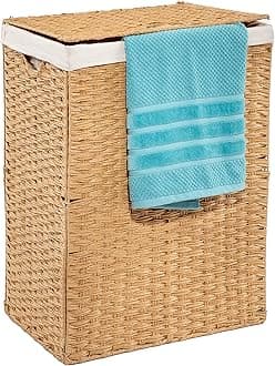 Seville Classics Premium Handwoven Portable Laundry Bin Basket with Carrying Handles, Household Storage for Clothes, Linens, Sheets, Toys, Tan, Rectangular Hamper