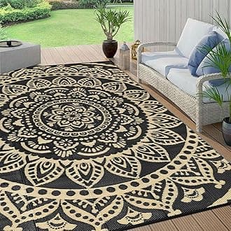 Bsmathom Waterproof Outdoor Rug 9x12ft Large Reversible Boho Plastic Straw Patio Deck Camping Rugs, Indoor Outdoor Portable RV Mat Carpet for Outside, Porch, Balcony, Backyard, Beach, Pool,Black