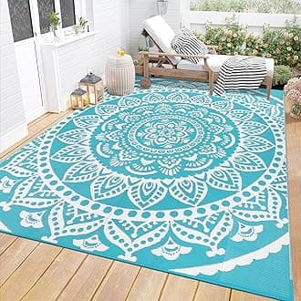 Bsmathom Waterproof Outdoor Rug 5'x8' Reversible Boho Plastic Straw Patio Deck Camping Rugs, Indoor Outdoor Portable RV Mat Clearance Carpet for Outside, Porch, Balcony, Backyard, Beach, Pool,Teal