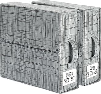 SUOCO SheetCube Foldable Bed Sheet Set Organizer 2 Pack (Queen or King Size), Fabric Storage Bins for Bed Sheets, Duvet Covers and Pillowcases, Linen Closet Organizer for Bedding Clothes Towels