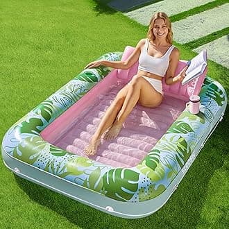 SLOOSH Inflatable Tanning Pool Lounger Float, 70" x 46" Pool Floats Adult with Pillow, 4 in 1 Suntan Tub Raft Floatie,Sunbathing Bed Lounge for Water Blow Up Kids Ball Pit Party Gifts, L-Cyan Pink