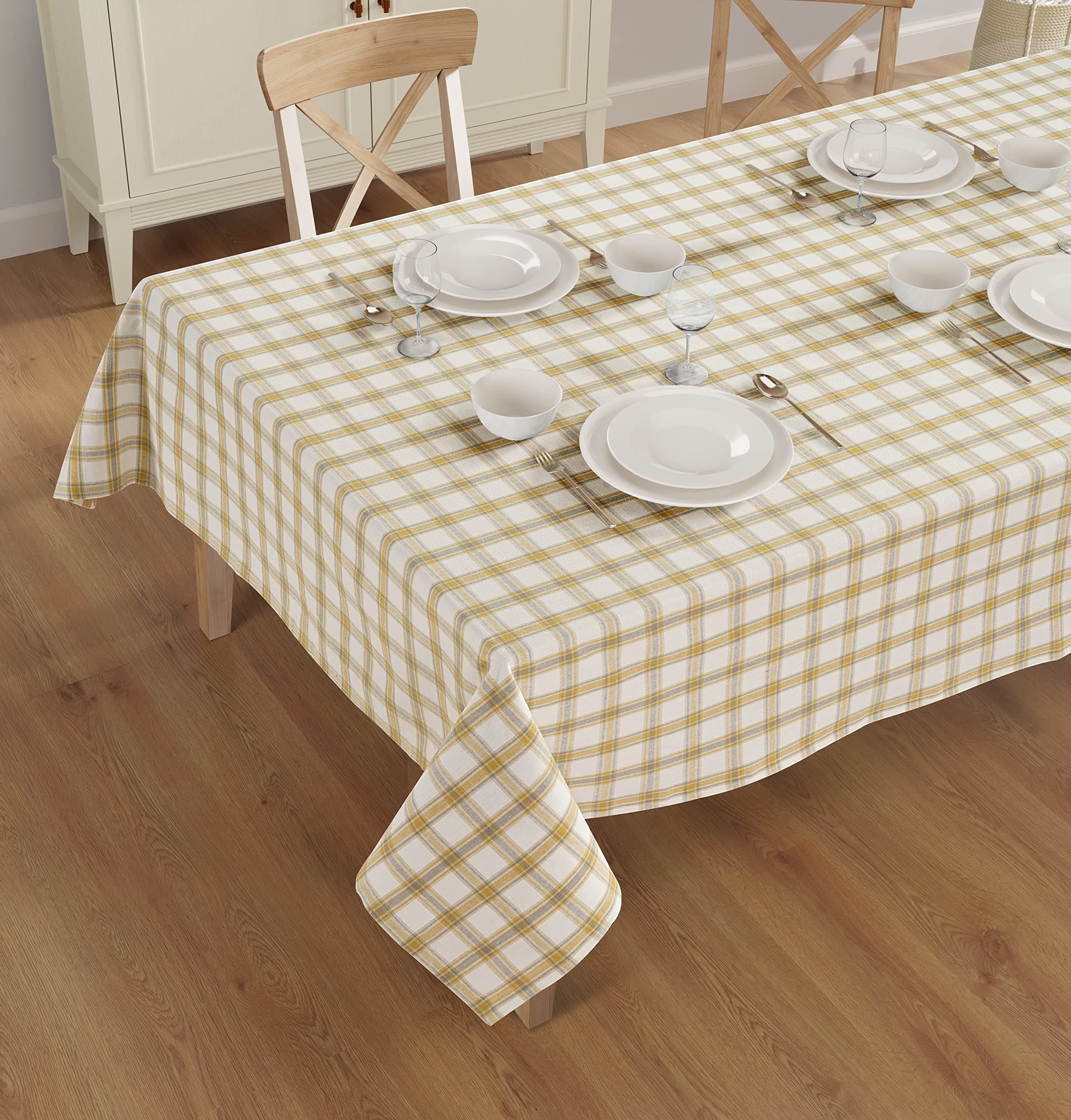 Rectangle Table Cloth - Table Cover - Cotton Mitered Stitched - Checks Table Covers for Kitchen Dining, Wedding, Decorations, & Parties - 60x104 in - Mustard Plaid