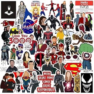- Pack of 52 Waterproof Superhero Vinyl Stickers – Marvel & Avengers Residue-Free Decals for Laptop, Journal, Phone Case, Notebook & More