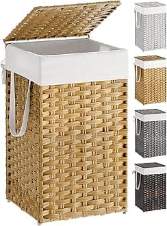 SONGMICS Laundry Hamper with Lid, Handwoven Polyrattan, Foldable, with Handles and Removable Liner Bag, Natural